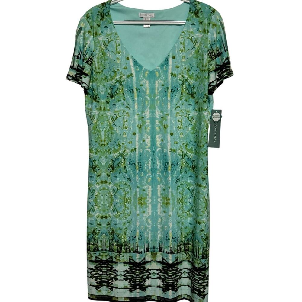 London Times Women's Green‎ Blue Mixed Print Short Sleeve Shift Dress Size 14